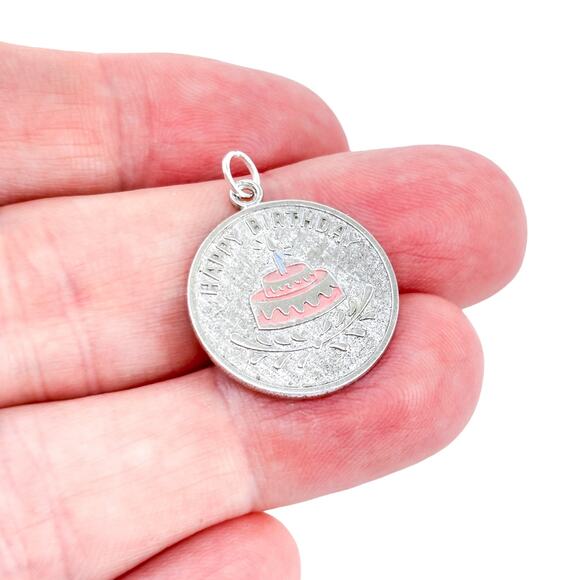 Vintage Sterling Silver 925 Pink Enamel Happy Birthday Pendant - Picture 1 of 9